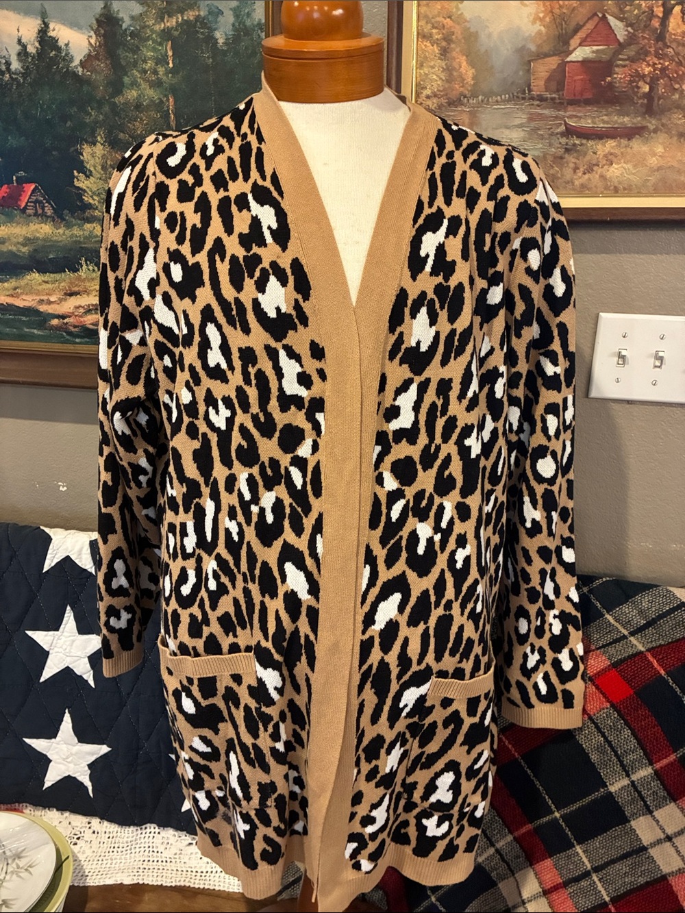 NWT Leopard Print Open-Front Cardigan Jacket - Camel/Black/White 2X